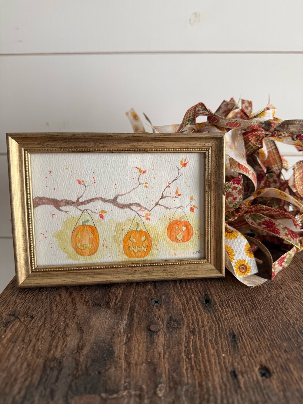 Hand crafted Halloween watercolor original in 4x6 gold frame